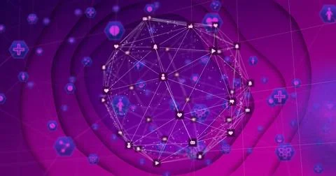 Rotating wireframe geodesic sphere pulsing in virtual health data space, with Stock Photos