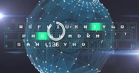 Rotating wireframe globe in digital interface, green keyboard keys, target Stock Photos