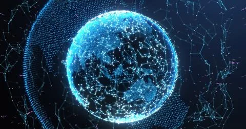 Rotating wireframe globe displaying neon-blue network nodes and connecting lines Stock Photos