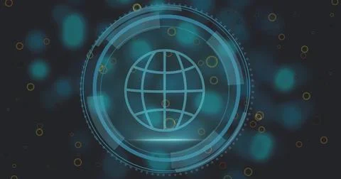 Rotating wireframe globe floating in HUD, emitting HUD rings and dotted Stock Photos
