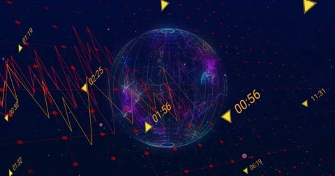 Rotating wireframe globe glowing inside data visualization space, showing time Stock Footage 307453798