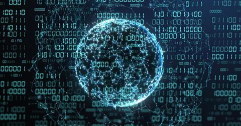 Rotating wireframe globe glowing with nodes and lines in virtual cyberspace, 스톡 일러스트