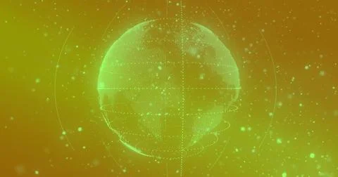 Rotating wireframe globe glowing in virtual display, showing dotted continents Stock Illustration