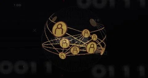 Rotating wireframe globe linking gold user icons with curved lines in network Stock Illustration