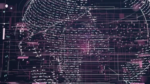 Rotating wireframe globe on play, revealing nodes, sliding UI panels on dark Stock Footage 337141157