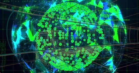 Rotating wireframe globe projecting neon green nodes, blue lines, red grids, Stock Photos