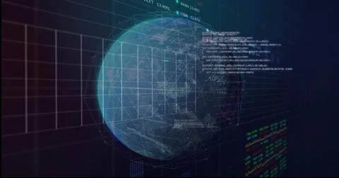 Rotating wireframe globe projecting node links and 3x3 grid in HUD with code Stockillustratie