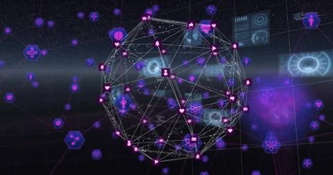 Rotating wireframe globe pulsing mail bell heart icons in virtual space with HUD Stock Photos