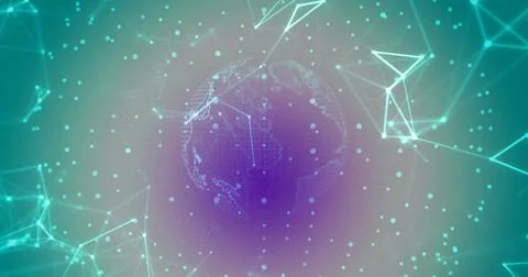 Rotating wireframe globe revealing dotted mesh, faint continent lines and linked Illustrazione stock