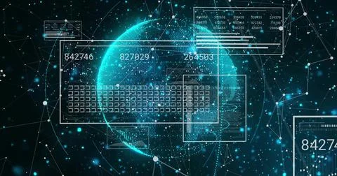 Rotating wireframe globe revealing network nodes, numeric data codes and UI Stock Illustration