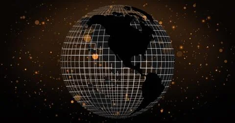 Rotating wireframe globe showing Americas silhouettes in dark digital space with Stock Photos