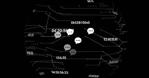 Rotating wireframe globe showing clustered chat bubbles on dark dashboard, with 库存插图