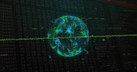 Rotating wireframe globe showing data waveform in data interface, with lit Illustrazione stock