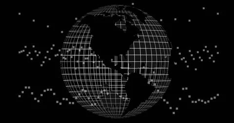 Rotating wireframe globe showing grid and Americas silhouettes on black field, Stock Illustration
