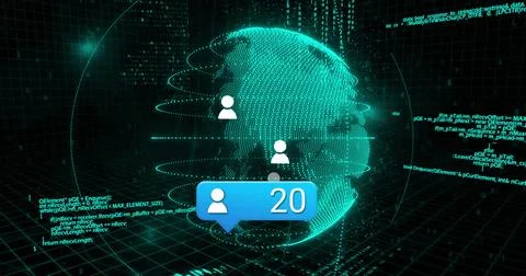 Rotating wireframe globe showing three user icons in virtual grid, displaying Stock-Illustration