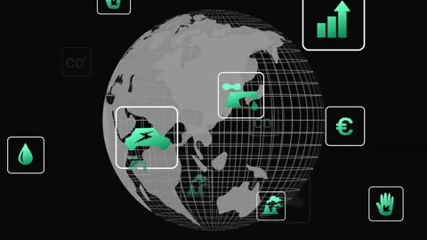 Rotating wireframe globe showing turquoise badges and white selection boxes in Stock Footage 330602326