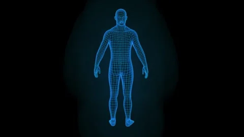 Rotating Wireframe Hologram of a Man on a Black Background Stock Footage 280676929