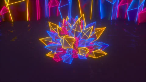 Rotating Wireframe Neon Crystals Loop Stock Footage 304566974