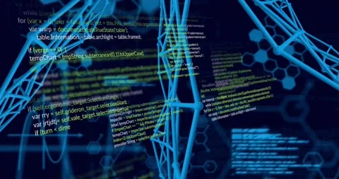 Rotating wireframe network fading in code and scrolling with sine wave for Stock Footage 330172937