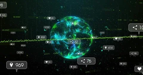 Rotating wireframe polygonal globe in digital network, with callout pin, share Illustrazione stock