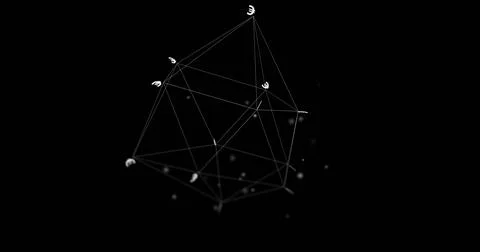 Rotating wireframe polyhedron drifting in black void, with lit nodes, haloed Stock Photos