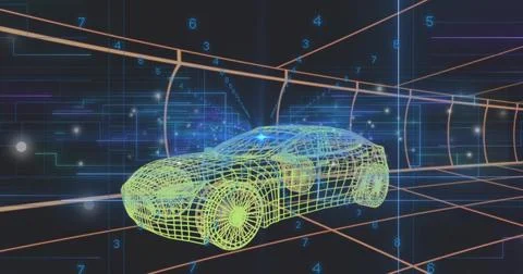 Rotating wireframe sedan floating inside virtual tunnel, showing numeric over Stock Illustration