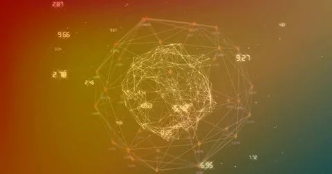 Rotating wireframe sphere floating in virtual data gradient with red nodes, Stock Photos