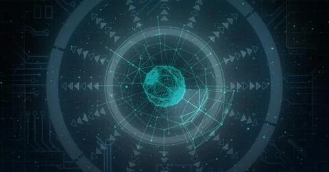 Rotating wireframe sphere pulsing on virtual UI, with rings, mesh, radial arrows Illustrazione stock