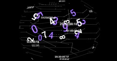 Rotating wireframe sphere showing floating white purple digits and timecode in Stock Illustration