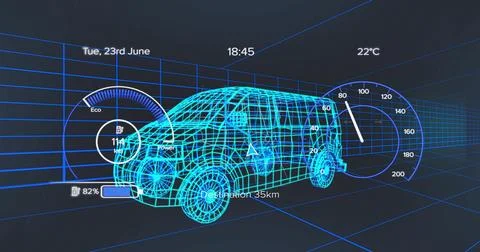 Rotating wireframe SUV model floating in virtual HUD grid, showing speedometer, Stock Illustration
