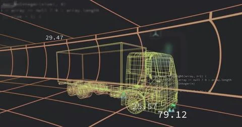 Rotating wireframe truck model sitting in orange grid tunnel, showing numeric Stock Illustration