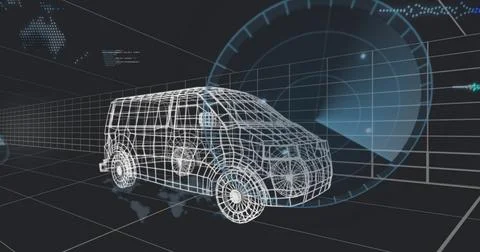 Rotating wireframe van model in 3D space, with grid floor, world map overlay and Foto stock