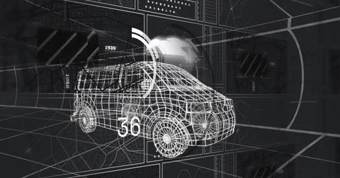 Rotating wireframe van upon system starting scan in AR workspace showing numeric Stock Photos