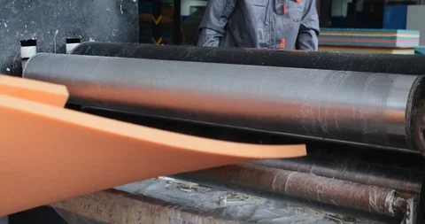 Rotating wolves compress foam rubber, production of orthopedic mattresses Stock Footage 128786689