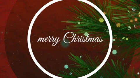 Rotating Xmas trees, falling snow, and text "merry Christmas" inside a circle. Stock Footage 145044789