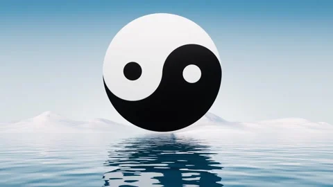Rotating yin yang symbol hovering over calm sea water surface with snowy mo.. Video stock 327248131