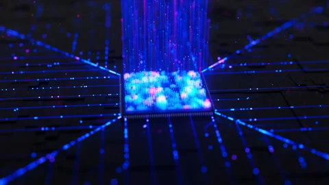 Rotation around artificial intelligence microchip, central data processing unit Stock Footage 331196492