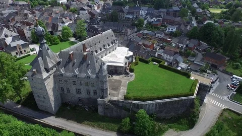Rotation around unique castle of Chimay, Belgium 4K Stock Footage