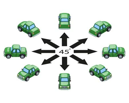 Rotation of cartoon car by 45 degrees. 스톡 일러스트