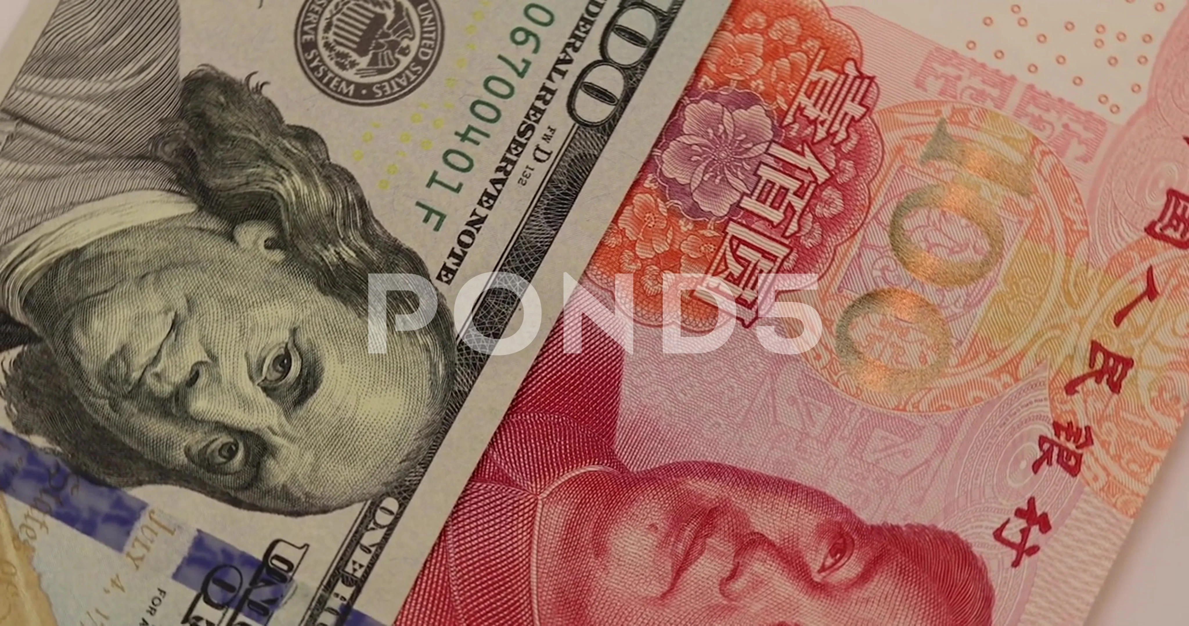 rotation of China yuan or renminbi rmb against US dollar bill of 100  banknote