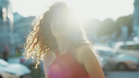 Rotation close up view of beautiful smiling curly ginger student girl cheerfully Stock Footage 115669613