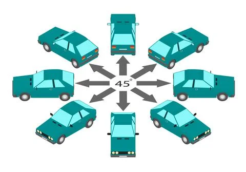 Rotation of the compact car by 45 degrees. Stock Illustration