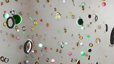 Rotation inside a gray cube with multi-colored spheres and gold and silver rings Stock Footage 304650236