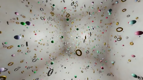 Rotation inside a gray cube with multi-colored spheres and gold and silver rings Stock Footage 304650251