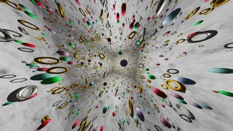 Rotation inside a gray cube with multi-colored spheres and gold and silver rings Stock Footage 304650290