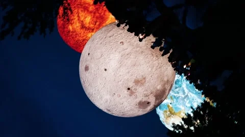 Rotation of models of the planets Sun, Mars, Earth and Moon at day and night Stock Footage 209620627