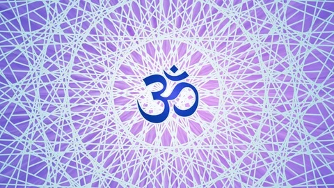 The rotation of the openwork circular mandala in blue  tone with Aum / Om Vidéo 106082983