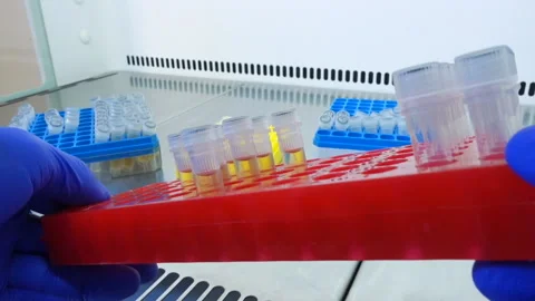 Rotation of a red laboratory tablet with small test tubes by human Stock Footage 180389327