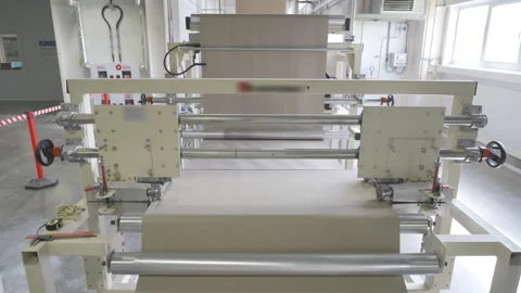 Rotation of a roll of paper on machine-tool or conveyor. Paper is fed onto a Vidéo 142333336