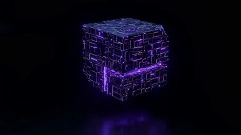 The rotation of a sci-fi cube with neon glowing elements. Abstract 3d animation. Stock Footage 227193134